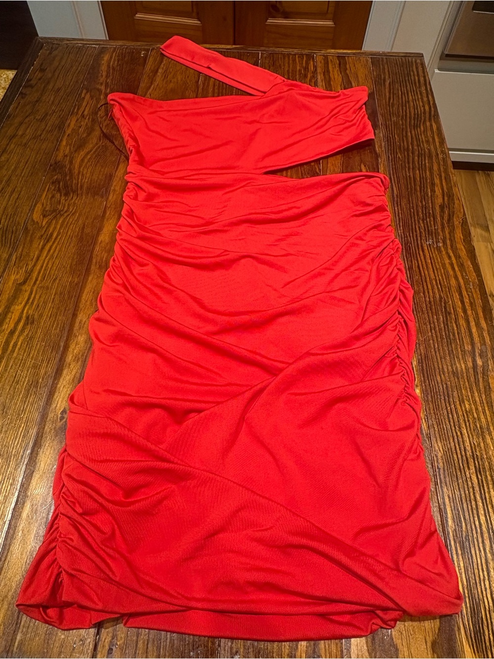 Hello Molly Red One-Shoulder Ruched Midi Dress